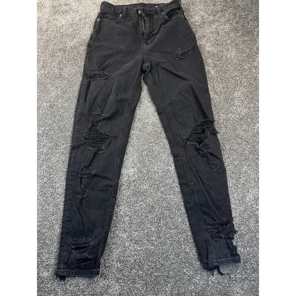 American Eagle Jeans Womens Waist Sz 24 Distressed‎ Flat Front Raw Hem Black